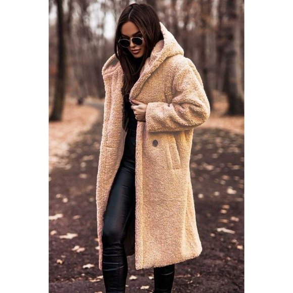 Jackets & Blazers - Camel Long Sleeve Hoodie Hooded Long Maxi Borg Teddy Bear Fur Coat